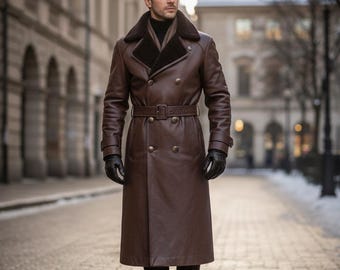 Abrigo largo de piel de vaca de lujo para hombre: cuello de piel sintética, abrigo de invierno