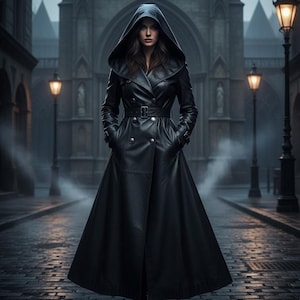 May include: A long, black hooded coat with a belted waist and double-breasted design. The coat features large buttons and pockets, and the model is standing on a cobbled street. The background includes street lamps and a gothic building.