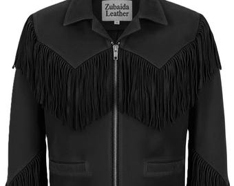 May include: Black leather jacket with fringe detailing across the chest and sleeves. Features a zipper closure and two front pockets. The label reads "Zubaida Leather".