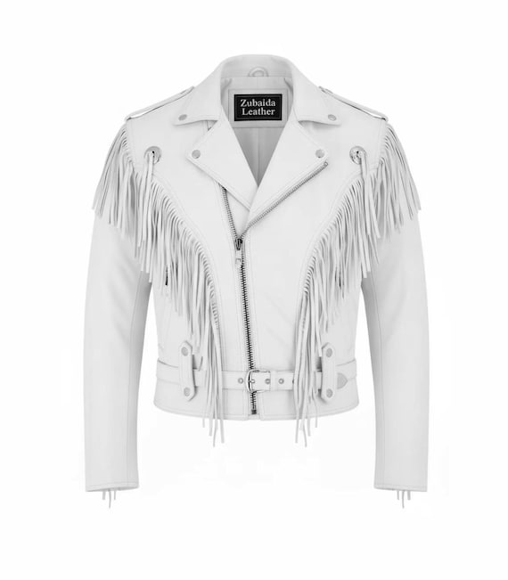dress barn white leather jacket Men Brando American Western Cowboy Fringe Motorcycle Handmade Black and White