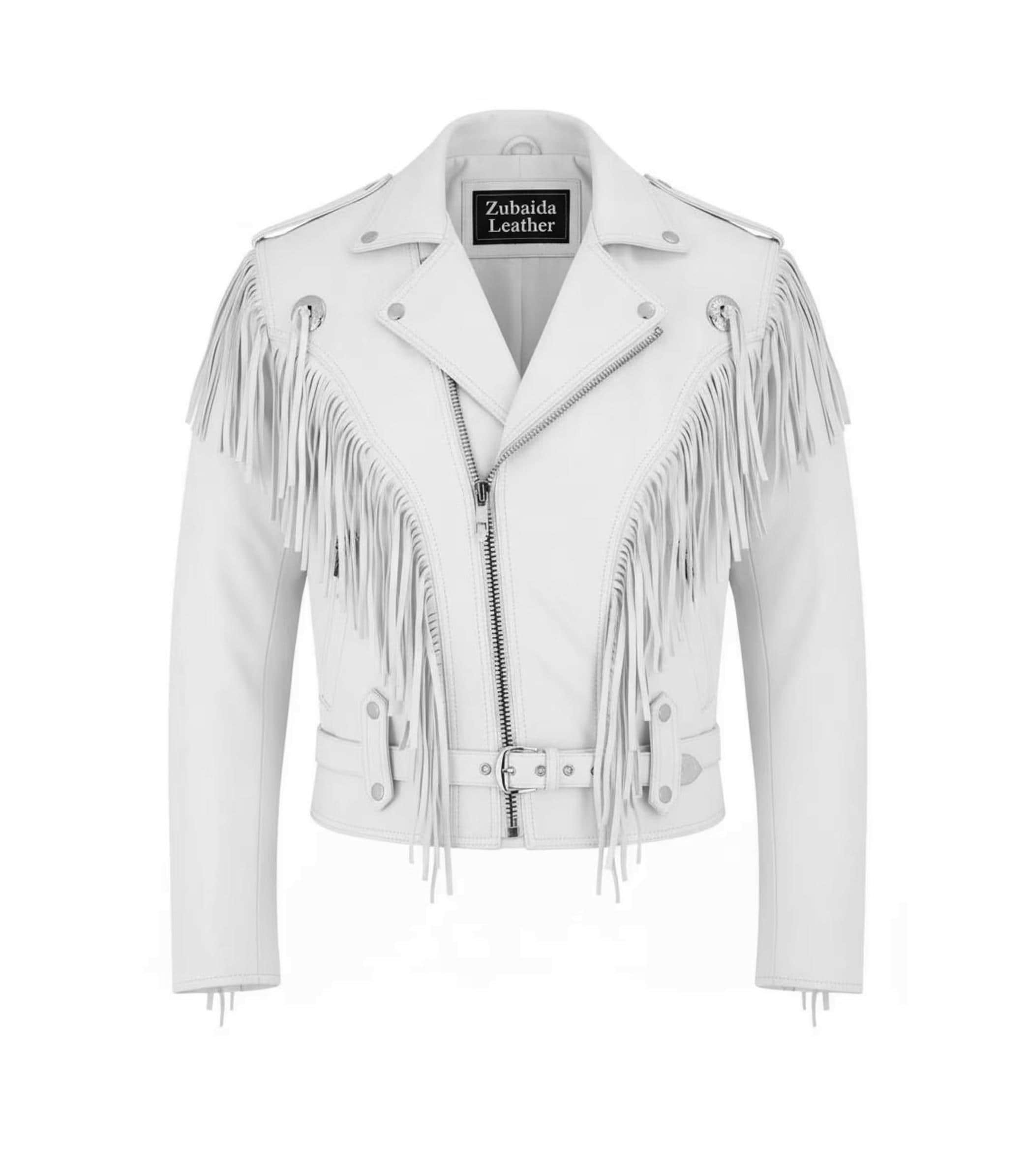 White Leather Fringe Jacket - Etsy