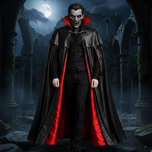 May include: A person in a vampire costume, featuring a black cape with a red lining, a black shirt, and black pants. The vampire has pale skin, red eyes, and fangs. The background shows a full moon and a gothic architectural setting.