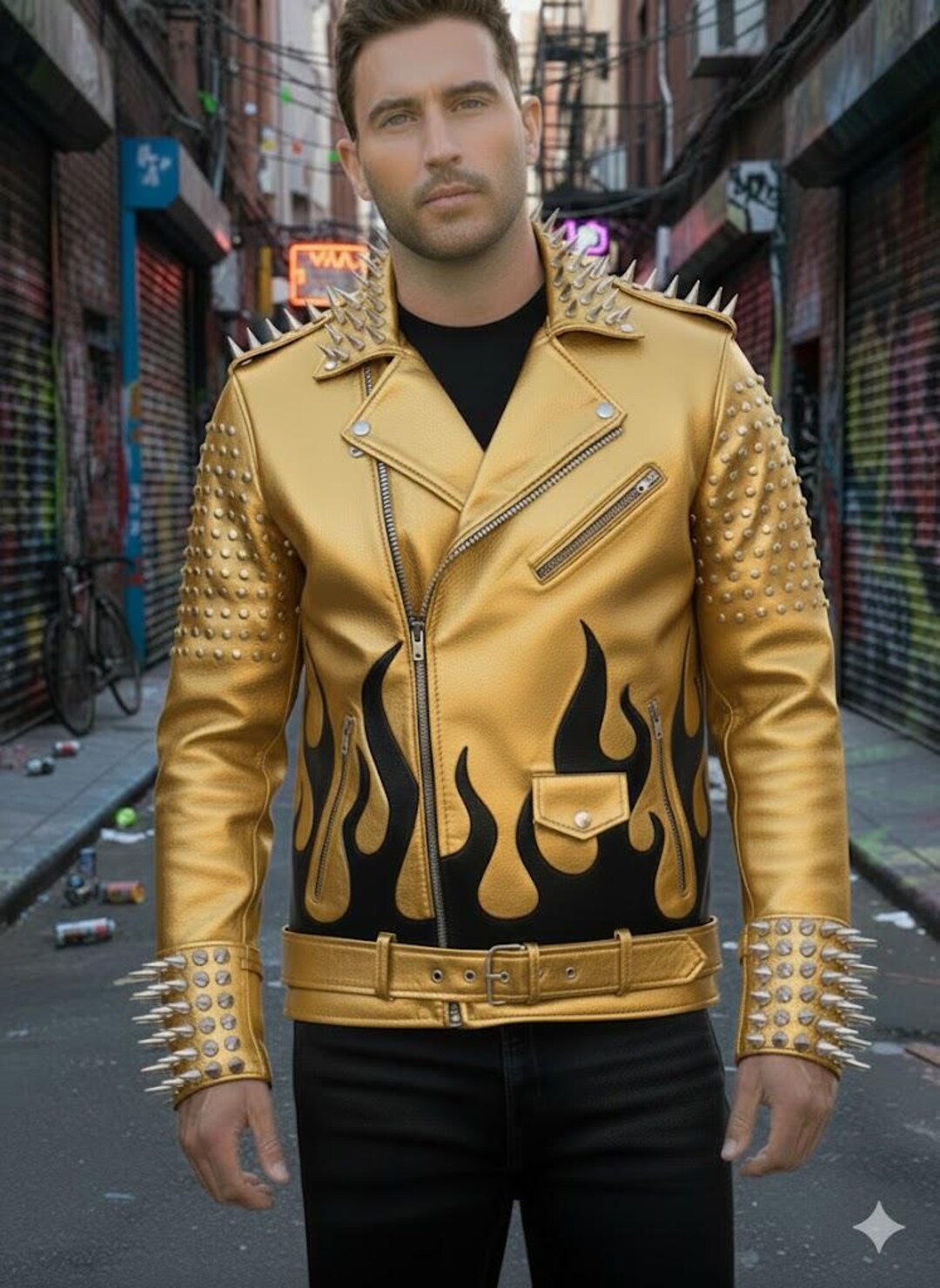Rock Performance Jacket Men's Brando Rockstar Studded Gold Metallic Leather Jacket/gothic Punk ...