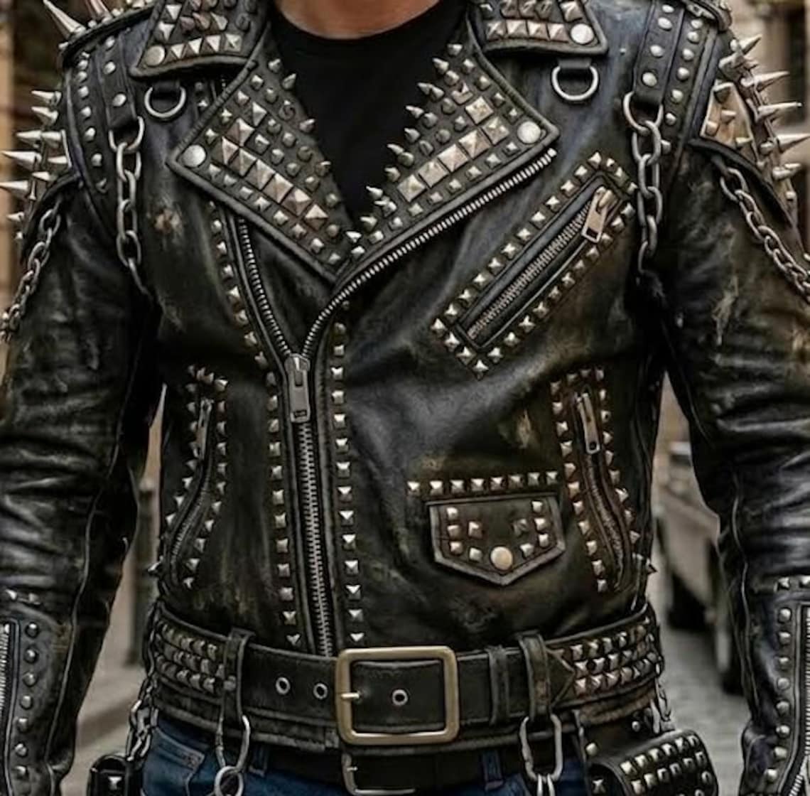 Rock Performance Jacket Men's Black Brando Rockstar Studded Genuine Leather Jacket/gothic Punk ...
