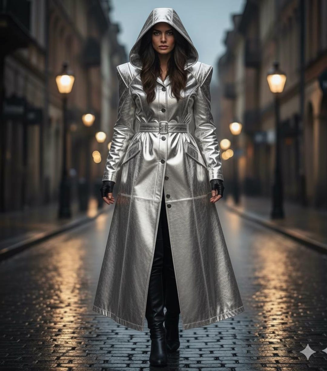 Silver Metallic Leather Long Coat: Women's Royal European Hooded ...