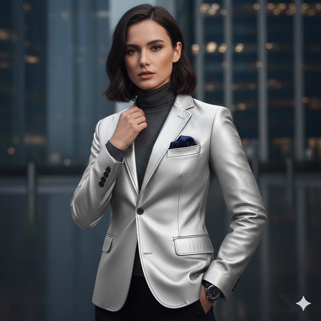 Women's Classic Outerwear Silver Metallic Leather Coat/casual Royal ...