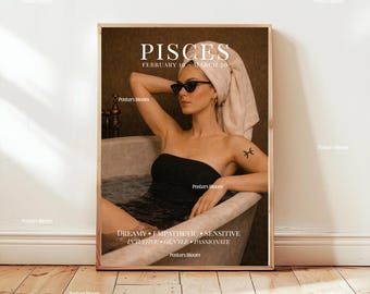 Póster del zodiaco Piscis, arte mural astrológico, impresión del horóscopo, decoración celestial de Piscis, regalo místico del signo zodiacal, ilustraciones del zodiaco, pósteres Bloom