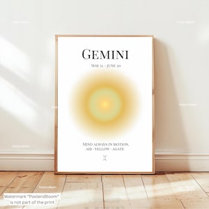Peut inclure: Une affiche encadrée représentant le signe astrologique des Gémeaux. L'affiche affiche le mot "GEMINI" et les dates "MAY 21 - JUNE 20". Un motif circulaire jaune et orange est présenté en dessous. Le texte "MIND ALWAYS IN MOTION. AIR YELLOW AGATE" est également inclus.