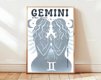 Puede incluir: Un póster enmarcado con el signo zodiacal de Géminis. El diseño incluye dos figuras estilizadas enfrentadas, la palabra "GEMINI" y las fechas "21 de mayo - 20 de junio". El póster es en tonos azules y blancos, con palabras descriptivas.