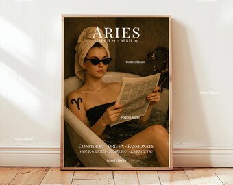 Póster del zodiaco Aries, arte mural astrológico, impresión del horóscopo, decoración celestial de Aries, regalo místico del signo zodiacal, ilustraciones del zodiaco, pósteres Bloom