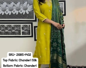 Lemon Chanderi Silk Heavy Thread Embroidery Work With Printed Dupatta Kurta Pant Set