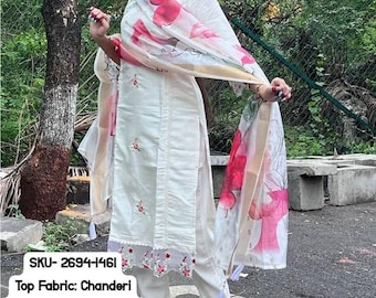 White Chanderi Heavy Thread Embroidered Work With Printed Dupatta Kurta Pant Set
