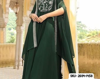 Dark Green Georgette Thread Embroidered Work Anarkali Dress With Jacket