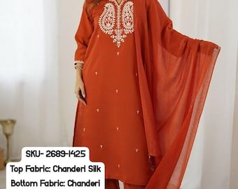 Rust Chanderi Silk Thread Embroidered with Sequins Work Kurta Pant Set