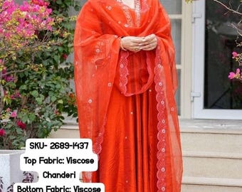 Orange Viscose Chanderi Heavy Thread Embroidered Work Kurta Pant Set