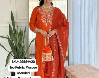 Rust Viscose Chanderi Heavy Thread Embroidered Work Kurta Pant Set