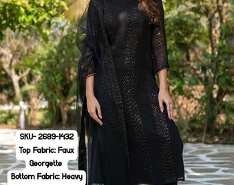 Black Faux Georgette Thread Embroidered with Sequins Work Kurta Pant Set