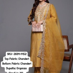 Set di pantaloni Kurta ricamati con filo pesante Chanderi da donna indiana