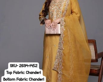 Indian Women Chanderi Heavy Thread Embroidered Work Kurta Pant Set