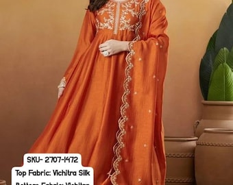 Indian Women Vichitra Silk Thread Embroidered with Sequins Work Kurta Pant Set