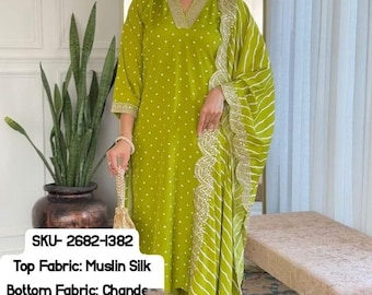Lime Muslin Silk Print With Thread Embroidery Work Kurta Pant Set