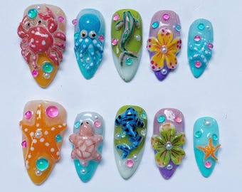 3D Ocean Sea Animals Nails – Kawaii Beach Summer Press On Nails, Starfish Crab Octopus Turtle Nail Art Set