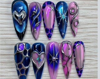 Blue Purple Chrome Stiletto Press On Nails, 3D Heart Star Nail Design, Long Pointed Nails, Y2K Cyber Nails, Handmade Reusable Nails, Glossy