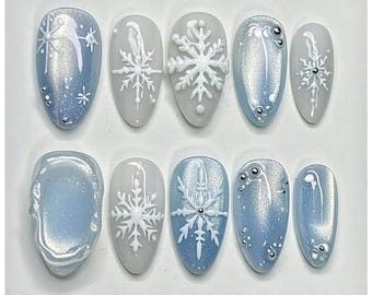 Winter Snowflake Nails - Light Blue Chrome Press On Nails, Frosty Aurora 3D Snowflakes Luxury Gel Nails