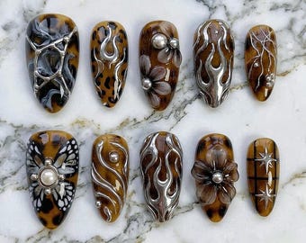 Tortoise Shell Flame Press On Nails, Leopard Print Nails, Y2K Chrome Nails, 3D Flower Press On Nails, Luxury Brown Almond Nails