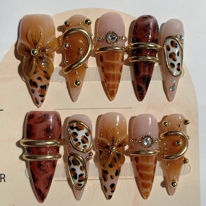 Brown Leopard Press On Nails | Luxury 3D Flower Gold Chrome Stiletto Nails | Handmade Animal Print False Nails | Reusable Glam Nail Set