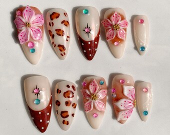 Brown Floral Leopard Press On Nails | Long Stiletto 3D Flower Nail Set | Y2K Aesthetic Handmade False Nails | Glossy Gel Nails