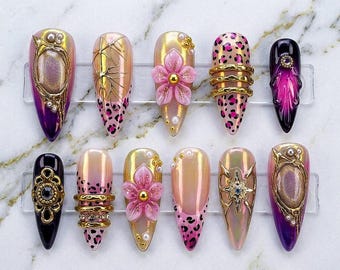 Uñas postizas con estampado de leopardo rosa / Uñas celestiales cromadas doradas / Set de uñas con flores 3D / Uñas góticas glamurosas estilo Y2K / Uñas stiletto de lujo hechas a mano