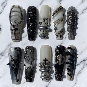 Gothic Cross Press On Nails | Black Silver Chrome Nails | Dark Coquette Nails | Y2K Grunge Nails | Luxury Handmade Nail Set