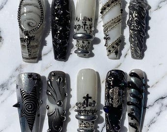 Gothic Cross Press On Nails | Black Silver Chrome Nails | Dark Coquette Nails | Y2K Grunge Nails | Luxury Handmade Nail Set