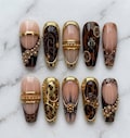 Luxury Leopard Gold Press On Nails, Brown French Tip Nails, Vintage Baroque Nail Set, 3D Gold Charm Nails, Handmade Glam Acrylic Nails product logo
