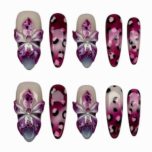 Pink Leopard 3D Flower Press On Nails, Handmade Luxury Nails, Ombre Gel Nails, Long Coffin Nails, Glam Acrylic Nails, Reusable Custom Nails