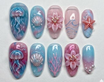 3D Press-On Nails Ocean Theme – Cute Nemo Fish, Jellyfish, Starfish, Seashell – Summer Beach Nail Box Hot Trend