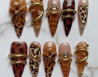 Brown Leopard Press On Nails | Luxury 3D Flower Gold Chrome Stiletto Nails | Handmade Animal Print False Nails | Reusable Glam Nail Set