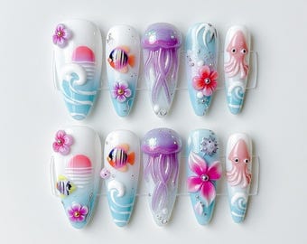 Unhas Postiças 3D com Tema Oceano – Animais Marinhos Fofos, Arte de Unhas para Praia no Verão, Unhas Postiças de Gel Feitas à Mão, Unhas de Aquário, Estética de Sereia
