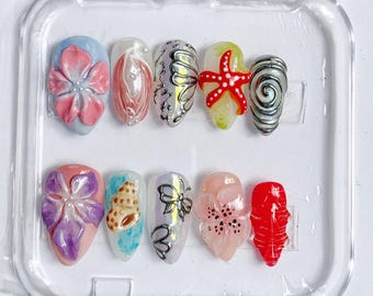 Juego de uñas postizas 3D de sirena oceánica: uñas playeras de verano, diseño floral de conchas, estrellas de mar y mariposas, hecho a mano.