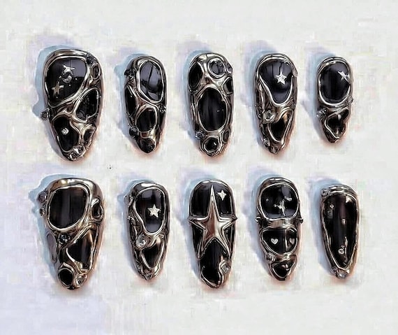 Black Chrome Press On Nails, Y2K Metallic Nails, Silver 3D Star Press On Nails, Cyber Goth Handmade Nails, Futuristic Reusable Nail Set