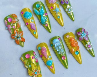 Handmade 3D Ocean Garden Press On Nails Long Stiletto, Colorful Summer Jelly Nails, Tropical Flower Shell Starfish Art, Luxury Custom Fake