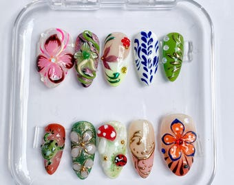 Floral 3D Press On Nails, Nature Inspired Nail Set, Handmade Flower Nails, Green Botanical Nails, Luxury False Nails