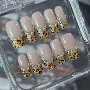 Luxury Leopard French Tip Press On Nails Long Stiletto Rhinestone Fake Nails Gold Cheetah Animal Print Glue On NailsHandmade False Nails