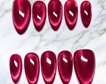 Unhas Postiças Olho de Gato Vermelho Escuro | Unhas Ruby Velvet Curtas Médias Amêndoa | Unhas Postiças Magnéticas Brilhantes com Cola | Unhas Postiças Elegantes Bordô