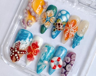Uñas postizas 3D con temática oceánica / Juego de uñas playeras de verano / Uñas de tortuga marina, estrella de mar y concha / Uñas postizas de gel hechas a mano