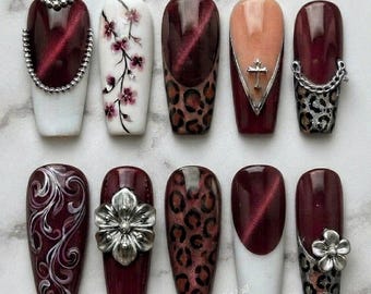Burgundy Cat Eye Press On Nails, Cherry Blossom Nails, Leopard Print Nails, Handmade Luxury Coffin Nails, Gothic Glam Nails