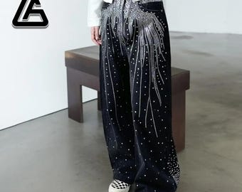 Unisex Rhinestone Pants | Wide Leg Studded Jeans | Glitter Streetwear Fashion Bottoms