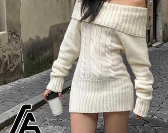 White Mini Dress | Off Shoulder Long Sleeve | Ribbed Sweater Style | Chic Casual Look