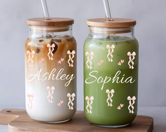 Custom Glass Tumbler Valentine Day, Personalized Glass Cup with lid straw 16oz Galentines Gift, Cute Valentine Coquette Gift Best Friends